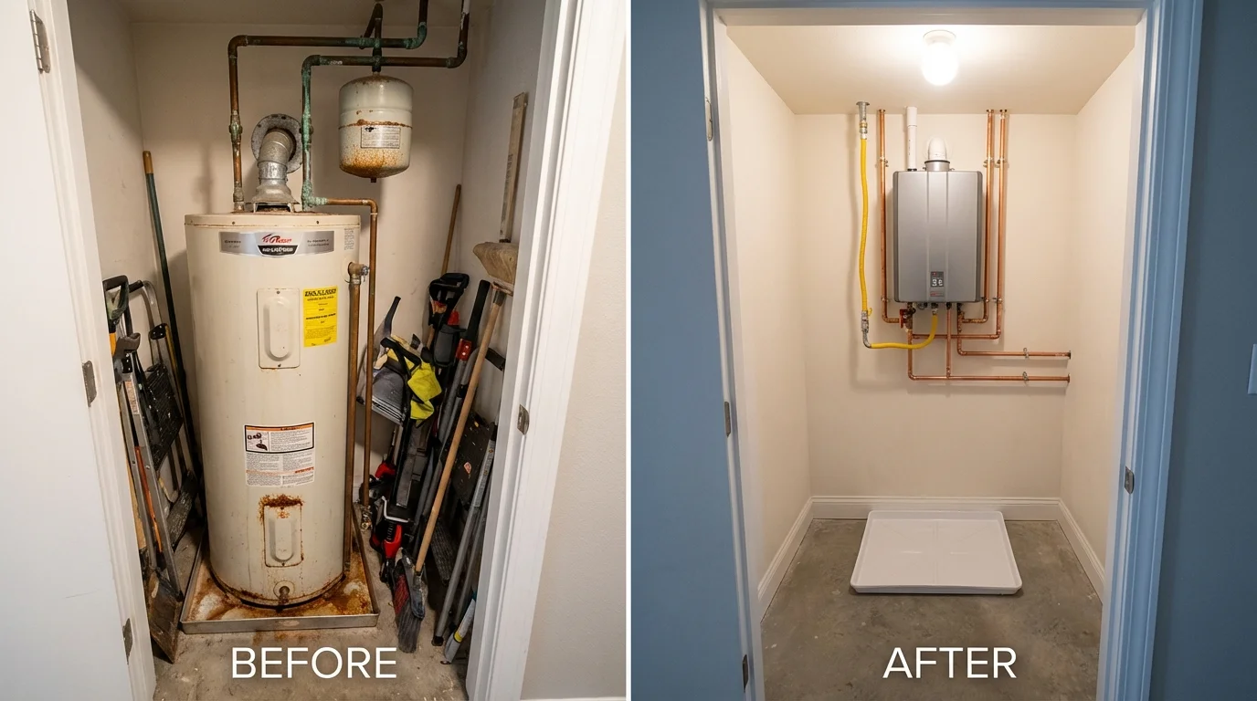 Tank water heater versus wall-mounted tankless unit comparison for Eldorado, WI homeowners